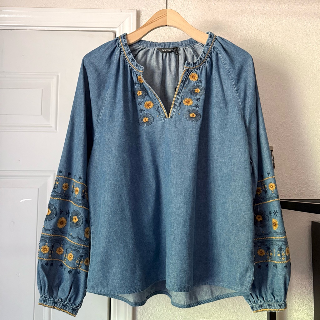 Nwt Driftwood Blue Denim Floral Embroidered Puff Long Sleeve Boxy Shirt Blouse